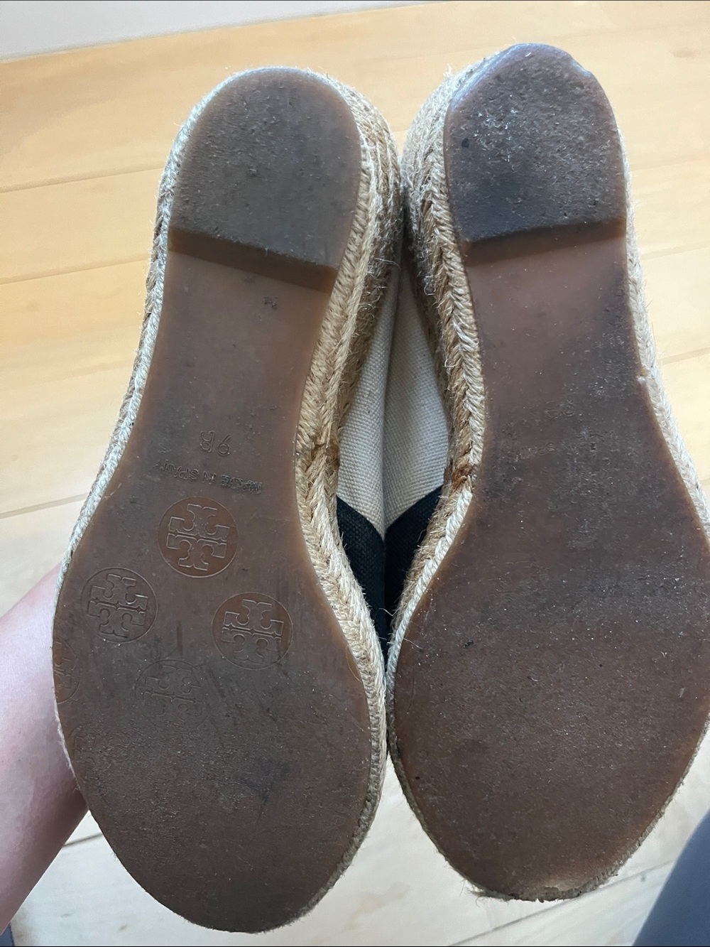 Tory Burch Black and Cream Espadrille Wedge Peep-Toe Heels - Picture 6 of 8